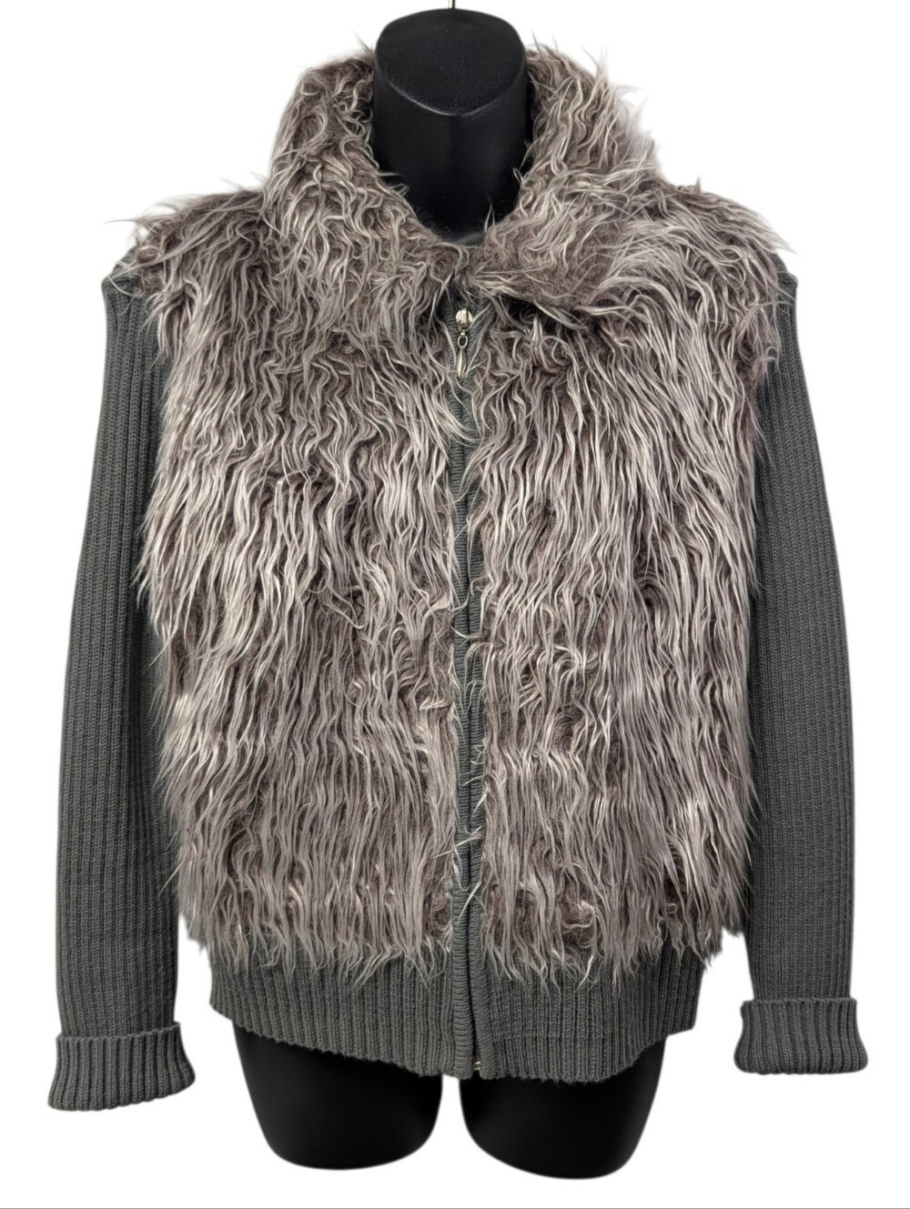 Vice Versa Women's Gray Faux Fur Front Knit Back Full Zip Short Jacket Size M